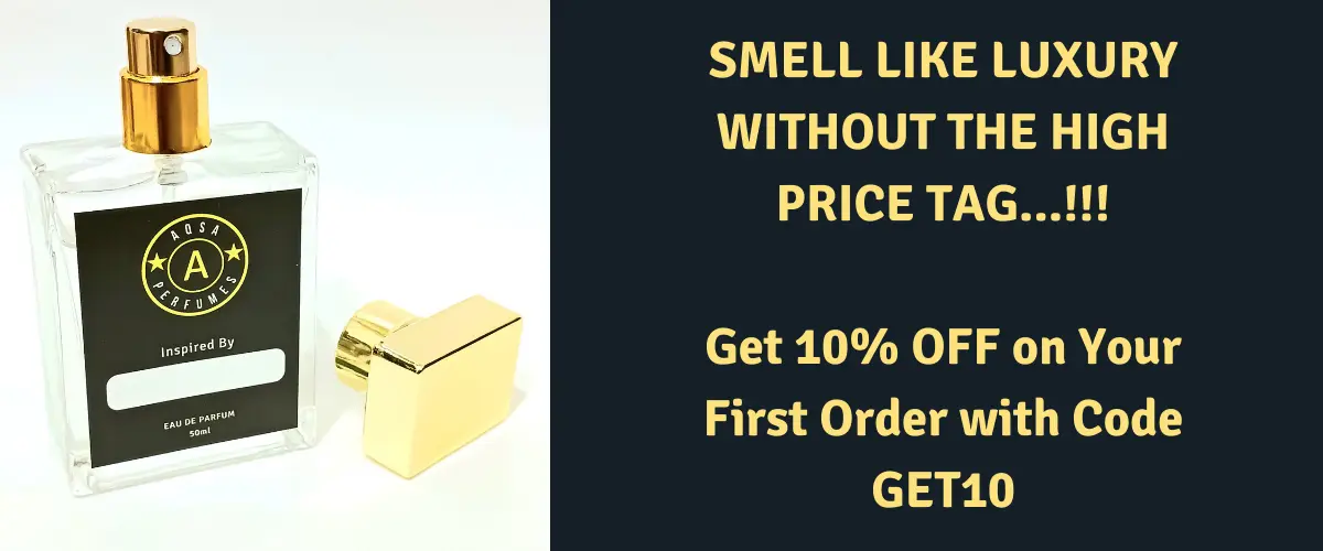 Perfume bottle with text "Smell Like Luxury Without the High Price Tag. Get 10% off on your first order with code GET10"