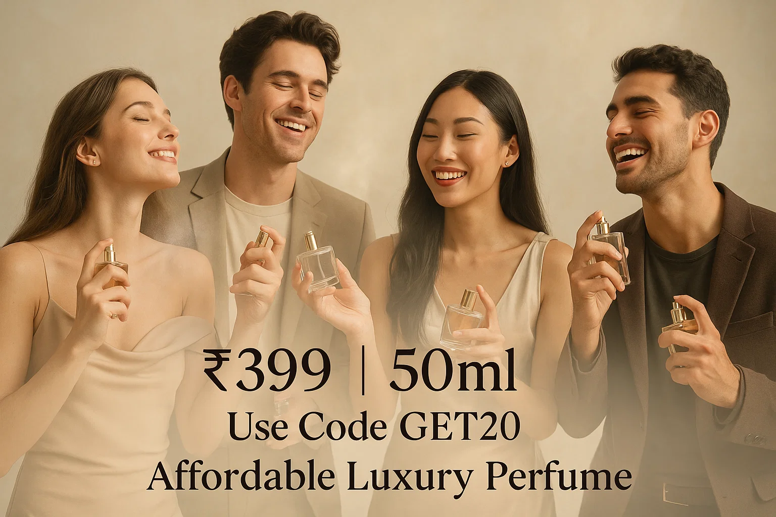 Men and women enjoying fragrances – affordable designer-inspired perfumes starting at ₹399
