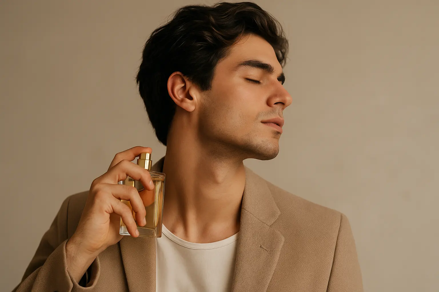 Young man spraying perfume – inspired affordable fragrance for men by Aqsa Perfumes